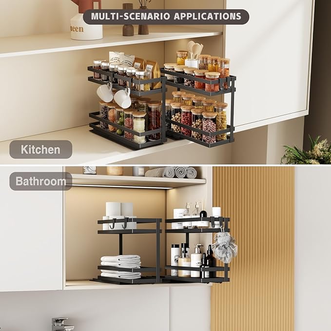 Pull Out Spice Rack Organizer for Cabinet, 4 Pack Metal Seasoning Organizer Slide Out Spice Storage Shelf No Assembly Vertical Spice Rack Pullout for Kitchen & Bahthroom No Drill(2 Tier,Black)