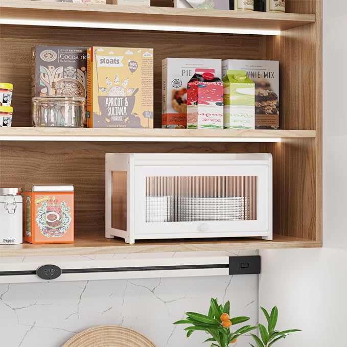 BAMBANG Bamboo Bread Box for Kitchen Counter, Large Capacity Bread Storage Container Farmhouse Bread Box with 3 Sides Wavy & Back Clear Window, Breadbox Bread Bin Holder for Homemade Bread, White