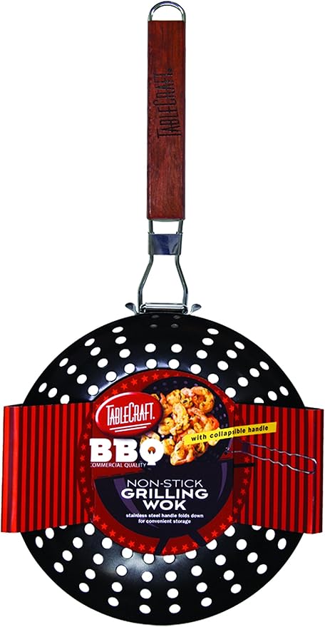 TableCraft BBQ Nonstick Grill Wok with Wood Handle, Small, Steel
