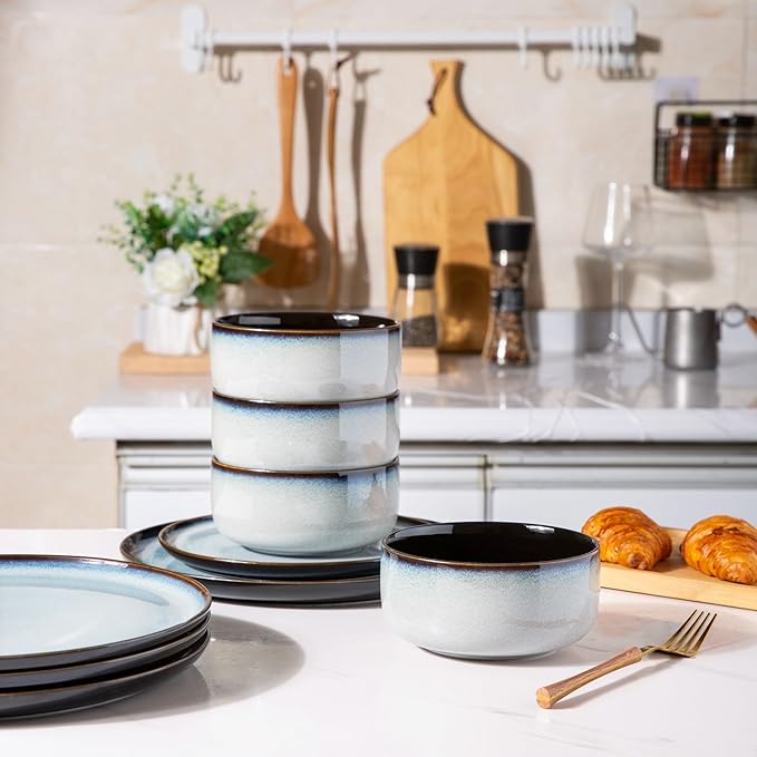 LeRatio Ceramic Dinnerware Sets for 6,Porcelain Plates and Bowls Sets,Handmade Reactive Glaze Dishes Set,Chip Resistant and Scratch Resistant | Oven&Dishwasher & Microwave Safe-Gray White(18PCS)
