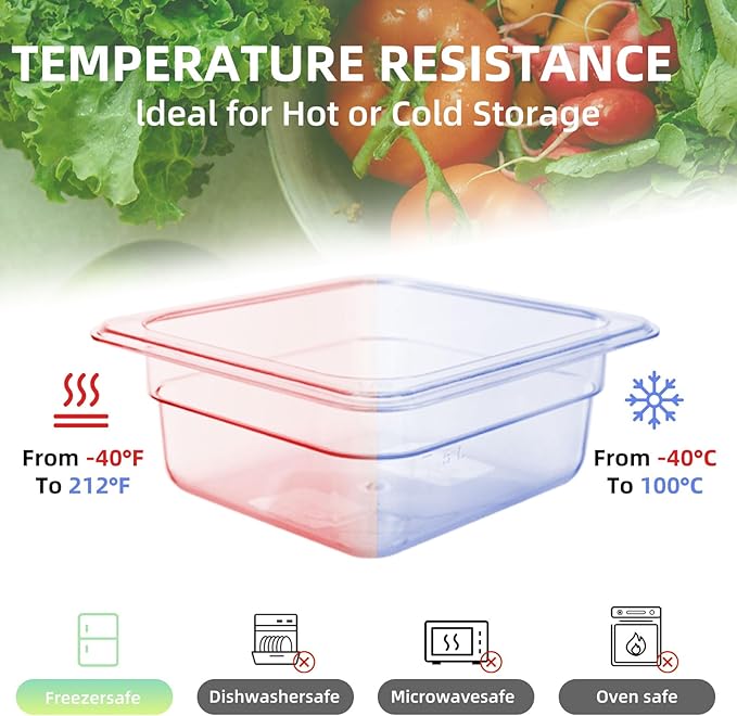 6 Pack 1/6 Size Food Pan with Lids,Stackable Freezer-Safe Meal Prep Containers for homes schools restaurants hotels -40°F to 212°F (1/6 size 2.5 inch deep, 1.1L/1.1QT)