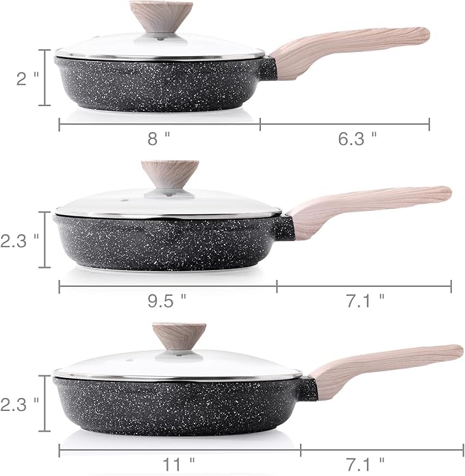 Kordisen Nonstick Frying Pan Set with Lids, 3 Piece Skillet Set, Healthy Induction Cooking Pan, Stay-Cool Handle, Compatible with All Stovetops, PFOA Free (8, 9.5, 11 Inch)