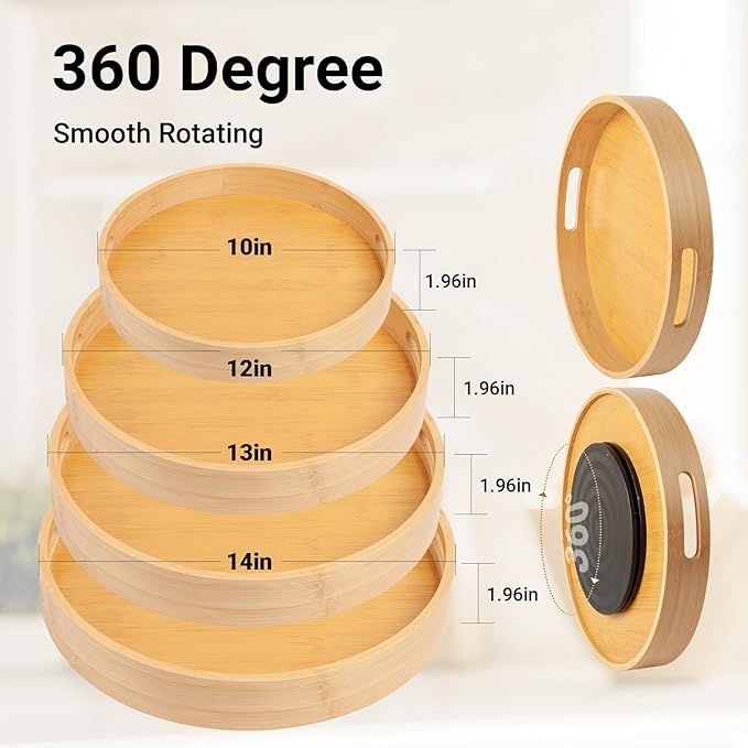 14in Bamboo Lazy Susan Pantry Organizer and Storage for Countertop and Spice Organization for Cabinet Round Rotating Serving Tray Turntable Seasoning Organizer for Kitchen Table Top