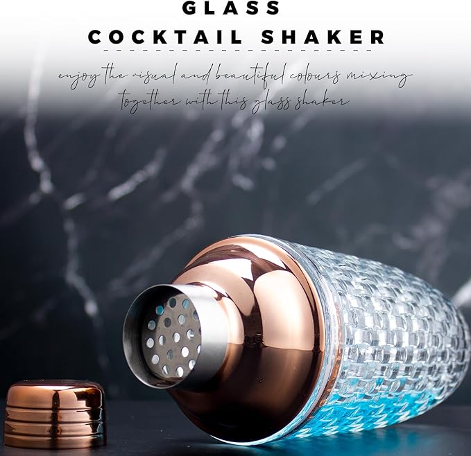 Cocktail Shaker Set - Glass Mixed Drink Shakers Cocktail Set, Martini Shaker with Strainer for Bars, Whiskey, Cocktails (Rose Gold Set)