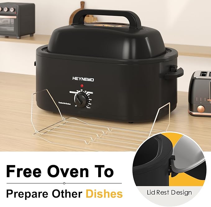 26 Quart Electric Roaster Oven with Visible & Self-Basting Lid, Large Turkey Roaster with Defrost Warm Function, Adjustable Temperature, Removable Pan Rack, Stainless Steel, Black