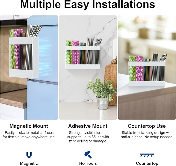 Upgraded Acrylic Straw Holder for Cabinet Door, Fridge & Countertop–Magnetic/Adhesive Dual Mount, Strong Hold, Space-Saving Straw Organizer with Adhesive Tape, Magnetic Sheet