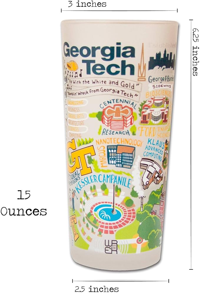 Catstudio Drinking Glass, Georgia Tech Glass Cup for Kitchen, 15oz Dishwasher Safe Tumbler for GT Alumni