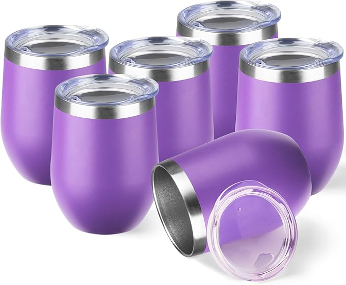 StarSpeed 12oz/6 Pack Wine Tumbler with lid, Stainless Steel Travel Mugs Stemless Double Wall Insulated Coffee Cup, Insulated Wine Glasses Travel Tumbler for Cold & Hot Drinks(Purple, 6)