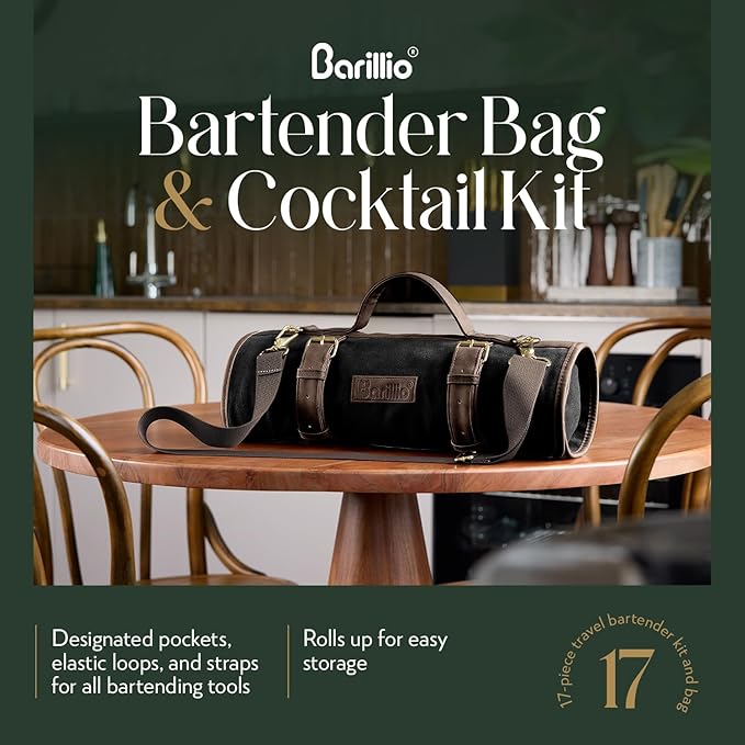 Barillio Bartender Kit Bag with Gold Cocktail Shaker Set - Waxed Canvas, Traveling Bar Tools Bag with 17-Pc Cocktail Kit - Travel Mixology Bartending Kits - Mobile Bar Roll with Strap & Accessories