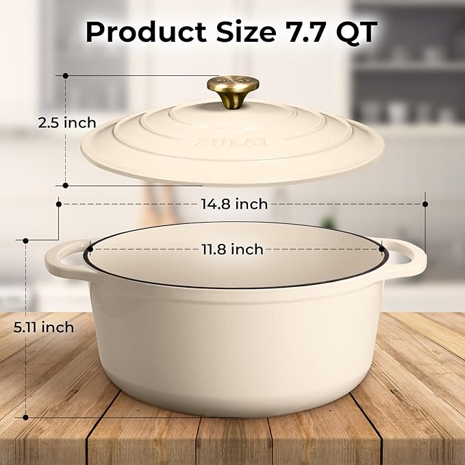 Zulay Kitchen 7.7 Quart Enameled Cast Iron Dutch Oven Pot with Lid – Premium Durability & Oven Safe up to 500°F – Heavy Duty Cookware Perfect for Bread Baking, Stews, Braising & Roasting – Ivory