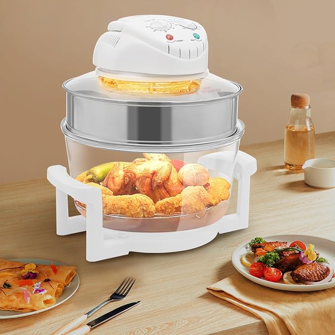 18QT Glass Air Fryer Oven with View Window - 1400W Halogen & Hot Air Circulation, Borosilicate Glass Pot & Expansion Ring for Family, Large Capacity Even Cooking