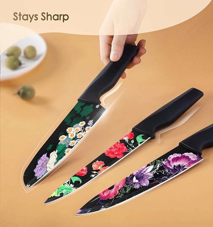 Astercook Knife Set, 12-Piece Flower Kitchen Knives Sets with Blade Guards, Dishwasher Safe, German High Carbon Stainless Steel, Perfect Gifts for Kitchen