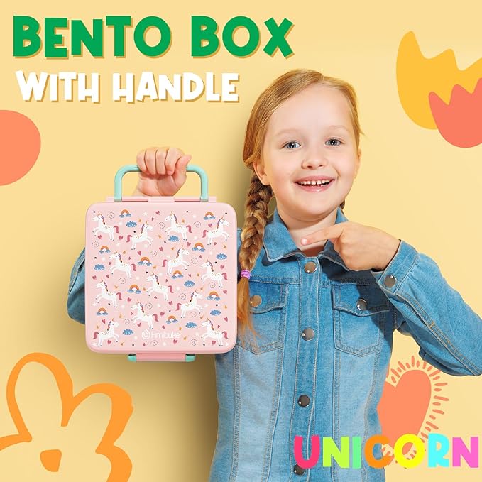 Fimibuke Bento Lunch Box for Kids, Leak Proof Toddler Bento Box with 4 Compartments BPA Free Dishwasher Safe Lunch Container with Utensils, Ideal Portion Sizes for Ages 3-12 Girls Boys for School