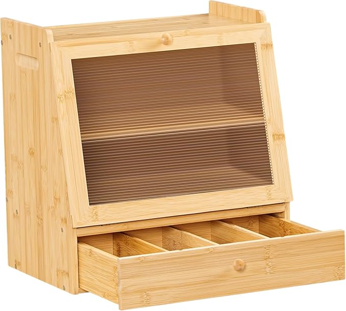 HOOBRO Bread Box, Bamboo Bread Box Storage Container with Drawer, 2-Tier Kitchen Countertop Food Storage Box with Acrylic Door, for Food, Natural YL21MB01