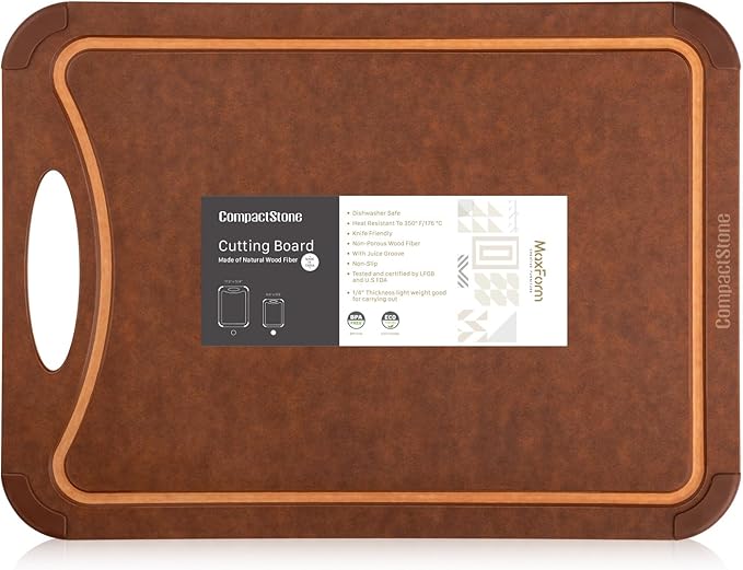 Cutting Board with Non-Slip Feet and Juice Groove for Kitchen, Wood Fiber Composite, 14.6-Inch by 10.8-Inch, Brown