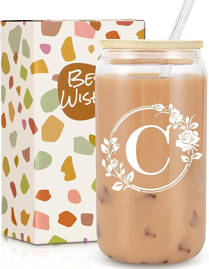 Birthday Gifts for Women, Monogrammed Initial Glass Cup Personalized Gifts for Women, 16oz Glass Cups with Lids and Straws, Iced Coffee Cup, Beer Can Shaped Glass - Gifts for Christmas, Birthday, C