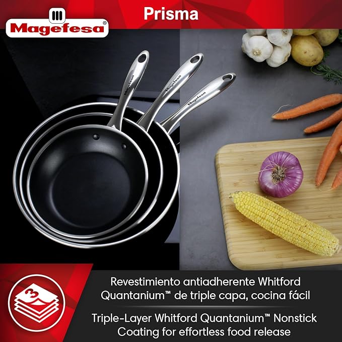Magefesa Prisma 7.9-Inch Frying Pan, 18/10 Stainless Steel, Triple-Layer Nonstick, Works on All Stovetops Including Induction, Oven Safe to 392°F, Dishwasher Safe, Durable Skillet