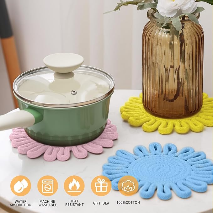 Trivet Mats Set for Hot Dishes, Trivet for Pots and Pans, Heat Resistant Hot Pads, Potholders for Kitchen, Colorful Boho Trivets, Table Decorations,Kitchen Essentials for New Home 7.5"(Blue)