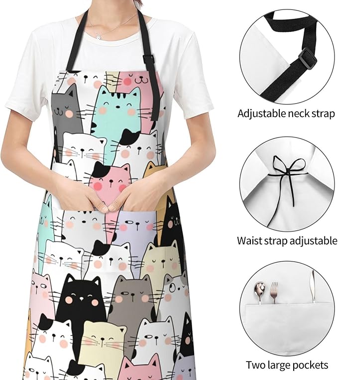 Cute Cat Apron Adjustable with 2 Pockets Cooking Kitchen Aprons for Men Women Outdoors Baking Chef Apron