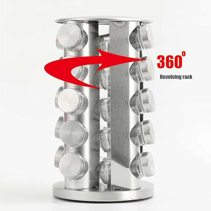 Spice rack-Revolving Spice Rack Set, Kitchen Spice Tower Organizer for Countertop or Cabinet -Desktop Rotating Seasoning Organizer(Stainless Steel) (Silver, 12-Jar)