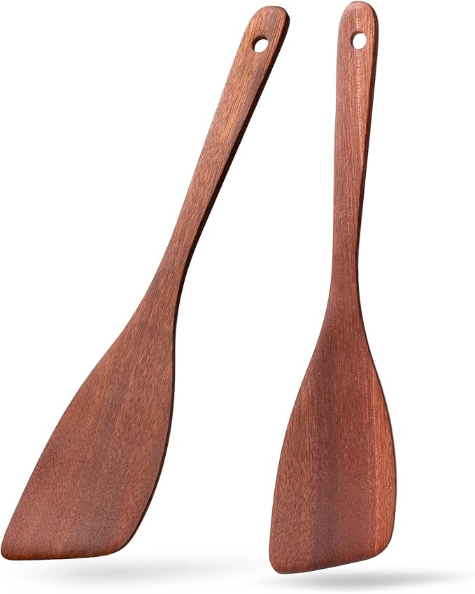 2PCS Wooden Spatulas for Cooking, 12.8inch Coated Mahogany Turners for Frying, Non-Scratch Wood Bevel Spurtle for Pan & Wok, Wooden Cooking Utensils for Non Stick Cookware, Long Handle Scraper