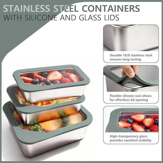 Stainless Steel Food Storage Container with Glass Lids, 3 Pack Nested Lunch Boxes, Airtight Lid Food Container for Sandwiches, Snacks, Meal Prep and Kitchen Storage