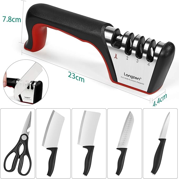 Longzon 4-in-1 Knife Sharpener [4 Stage] with a Pair of Cut-Resistant Glove, Original Premium Polish Blades, Best Kitchen Knife Sharpener Really Works for Fruit and Steel Knives, Scissors