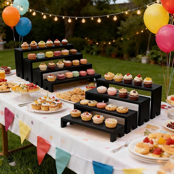Wooden Display Stand Wood Tiered Racks, 2 Set 8 Piece Wood Display Shelf for Cupcake,Jewelry,Card, Vendor Events, Table Shelves Wooden Riser Organizer Dessert Showcase-Black