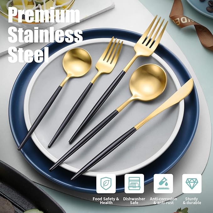 Lemeya Matte Black Gold Silverware Set for 6,Modern Stainless Steel Brushed Cutlery Set,30-Pieces Heavy Duty Flatware Set,Knives Spoons and Forks Set Utensils Set, Satin Finish, Dishwasher Safe