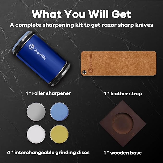 Rolling Knife Sharpener Kit, Upgraded Roller Knife Sharpener with Leather Strop for Kitchen Knives, 4-Disc Rolling Stone Sharpener with 15&18&20&22 Degree Sharpening, Blue