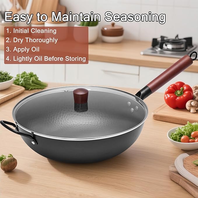 Wrought Iron Flat Bottom Wok with Glass Lid – Detachable Wooden Handle, Non-Coated Naturally Nonstick Frying Pan for Gas, Electric & Induction Stoves (Black Wok with Helper Handle, 13.4 inch)