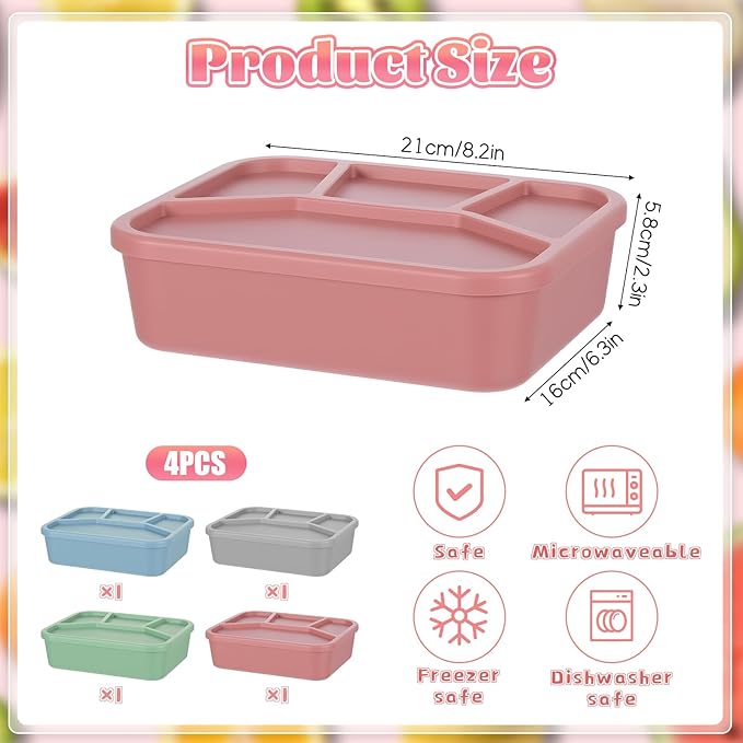4 Pcs Silicone Bento Box Reusable Lunch Container, 4 Compartment, Food Grade Smooth Leak Proof Lunch Box Rectangle Bento Boxes, Microwave and Dishwasher Safe, for Adult Work Travel Food Storage