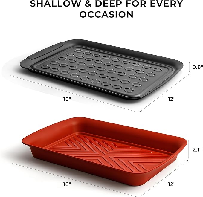 TP Grill Prep and Serving Tray, Deep BBQ Tray for Meat Marinating and Food Plating, Melamine Serving Platters Set of 2, Black and Red