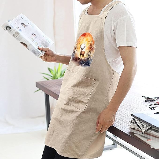 Cotton Linen Apron Non-tie Cross Back Kitchen Apron with Pockets Soft Comfortable Durable for Cooking Baking Gardening (Khaki,Deer)