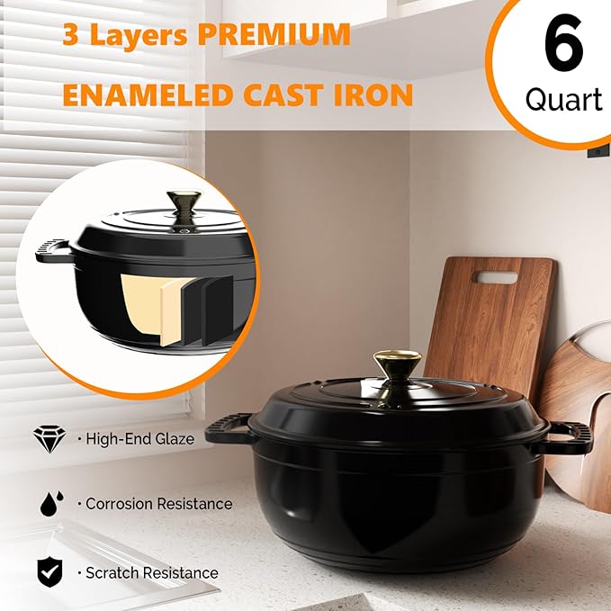 ROVSUN Enameled Cast Iron Round Dutch Oven, 6QT Pot with Lid &Dual Handles with Silicone Gloves,Oven Safe up to 500°F, Heavy-Duty Pre-Seasoned Cookware for Bread Baking, Braising, Stews, Roasting, Black