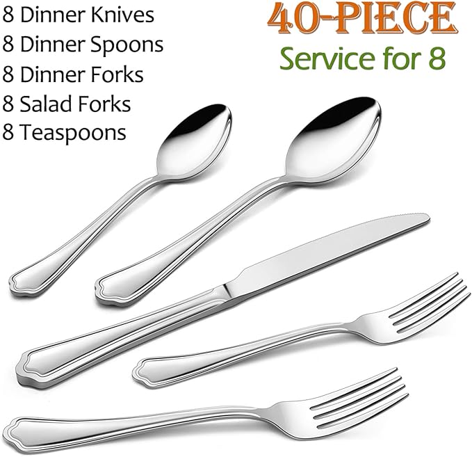 40-Piece Silverware Set, E-far Stainless Steel Flatware Cutlery Set Service for 8, Metal Tableware Eating Utensil Set, Dinner Knives/Forks/Spoons, Scalloped Edge & Mirror Polished - Dishwasher Safe