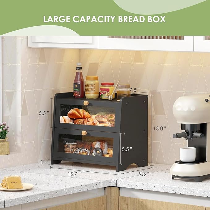 Double Layer Bread Box for Kitchen Countertop, Large Breadbox Bread Container Storage with Windows, Wooden Farmhouse Bread Holder (Black)