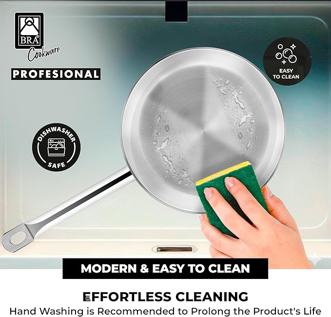 BRA COOKWARE Profesional Frying Pan | 10.2 inches Professional Skillet | Stainless Steel Pan w/o Non-Stick Coating | All Stovetop Compatible - Full Induction Skillet | 100% PFOA Free | Brushed Finish