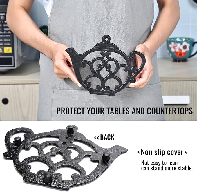 Sungmor Heavy Duty Cast Iron Trivet,Decorative Rustproof Black Trivet for Kitchen or Dinning Table,7.9" x 6" with Vintage Lovely Teapot Pattern