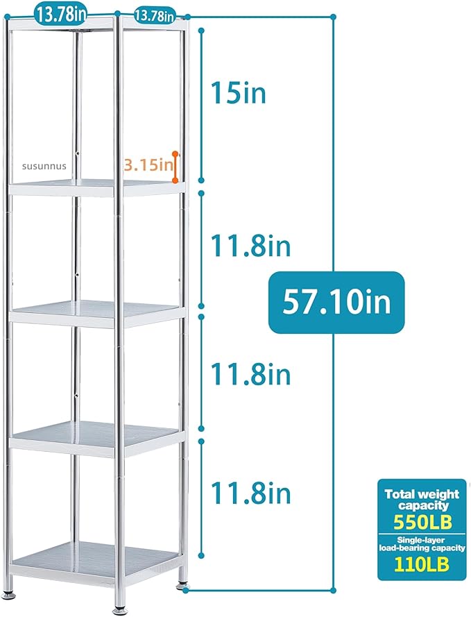 susunnus Stainless Steel Shelves 13.8in-5 Tier, Corner Shelf, Storage Shelves, Narrow Metal,Stainless Steel Shelf, Kitchen Storage Rack for Small Spaces Tall Skinny Shelf