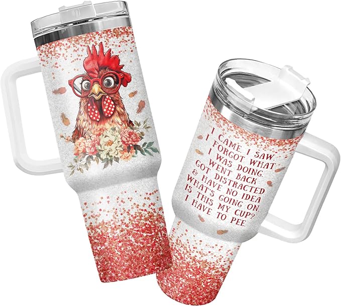 34HD Funny Chicken Tumbler with Handle and Straw, 40oz I Cam I Saw Coffee Mug Stainless Steel, Leakproof Rooster Cup, Chicken Gifts for Chicken Lovers Farmers