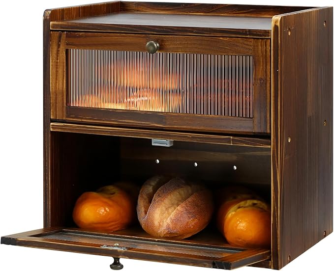 Bread Box for Kitchen Countertop, 2 Layer Large Capacity Wooden Bread Storage Container with Clear Wavy Acrylic Window Breadbox Holder Keeper Farmhouse Food Organizer