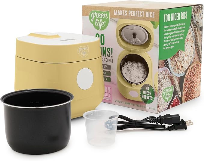 GreenLife Digital Rice Cooker, 2-Cups Uncooked/4-Cups Cooked, Removable Nonstick Ceramic PFAS-Free Pot, One-Touch Presets, Oats, Quinoa, Brown Rice, Auto Keep Warm, Fuzzy Logic Tech, 1.5QT, Butter Yellow