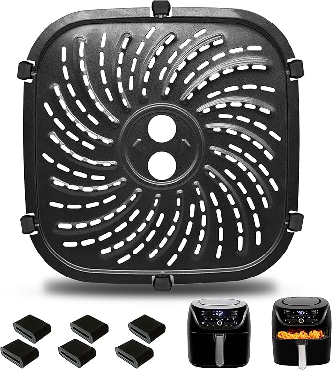 Air Fryer Grill Pan for PowerXL Vortex Pro 6 QT Air Fryer, Oval Nonstick 8.67''*8.67''Air Fryer Accessories Replacement Parts Rack Tray Basket Crisper Plate with Rubber Bumpers,Dishwasher Safe