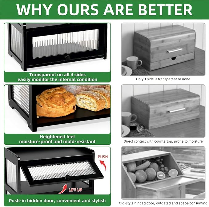 BAMBANG Extra Large Bamboo Bread Box for Kitchen Counter, Double Layer Bread Storage Container Farmhouse Bread Box with 4 Sides Transparency, Breadbox Bin Holder for Homemade Bread, Black