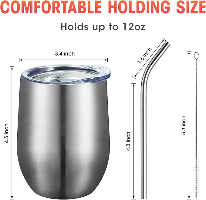 COMOOO Stainless Steel Wine Tumbler with Lid and Straw 12oz Double Wall Vacuum Insulated Travel Tumbler Cup for Coffee, Wine, Cocktails, Champagne (Black White Silver and Rose Gold,6 Pack)