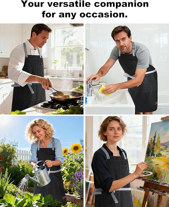 Womens Apron With Pockets Adjustable Shoulder Strap,Apron For Men 38.5" Extra-Long Straps Fit More Body Types,Chef Apron For Kitchen Garden Barbecue Woodworking