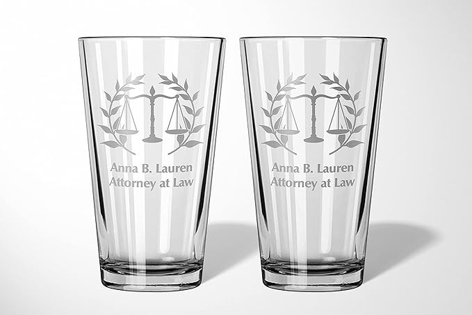 Alterd Industries Lawyer Gifts - Attorney Gift lawyer gifts for Men Court Case women office Pint Beer Whiskey Glasses Decanter Scales of Justice Law Office (Pair of Pint Glasses, Scales of Justice)