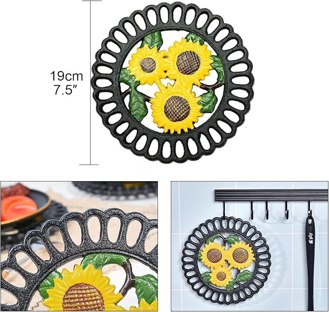 Sungmor Heavy Duty Cast Iron Trivet,Decorative Painting Trivet for Kitchen or Dinning Table,7.5x7.5 Inch - Round with Vintage Lovely Sunflower Pattern
