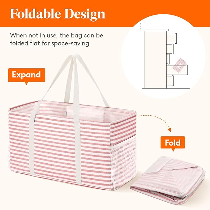 Lifewit Extra Large Tote Bag, Reusable Grocery Bags with Metal Wire Frame and Handles, Standing Utility Foldable Shopping Bags for Storage, Picnics, Beach, Pool, Laundry, Car, Camping, 2 Pack 46L Pink
